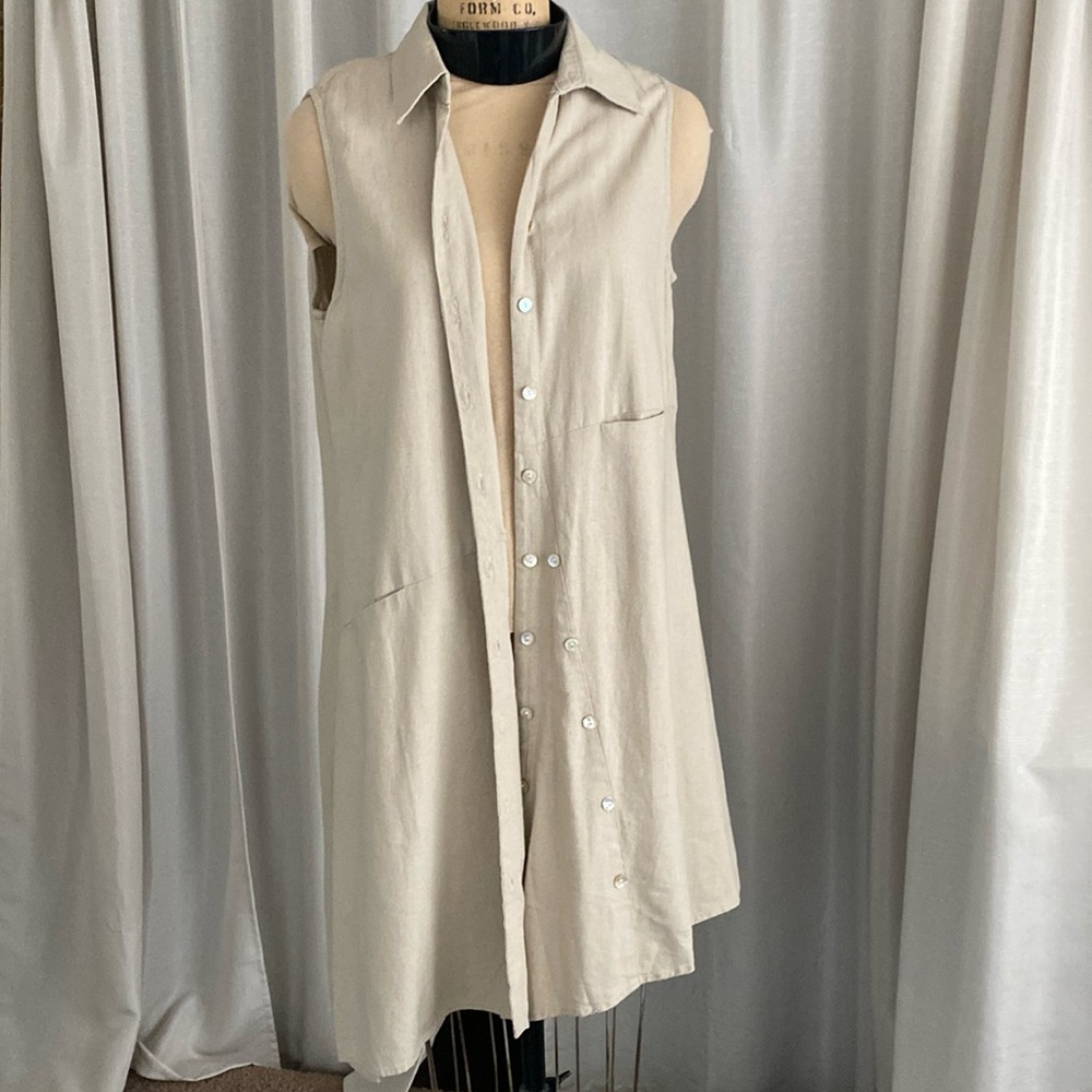 Sz L Linen asymmetrical , button down  midi dress.
